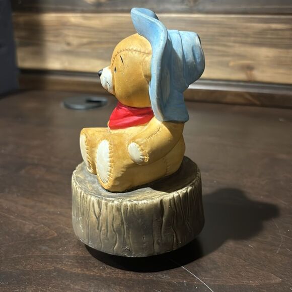 Vintage Charming Teddy Bear Figurine Blue Hat and Red Scarf Moving Music Box - Picture 2 of 7